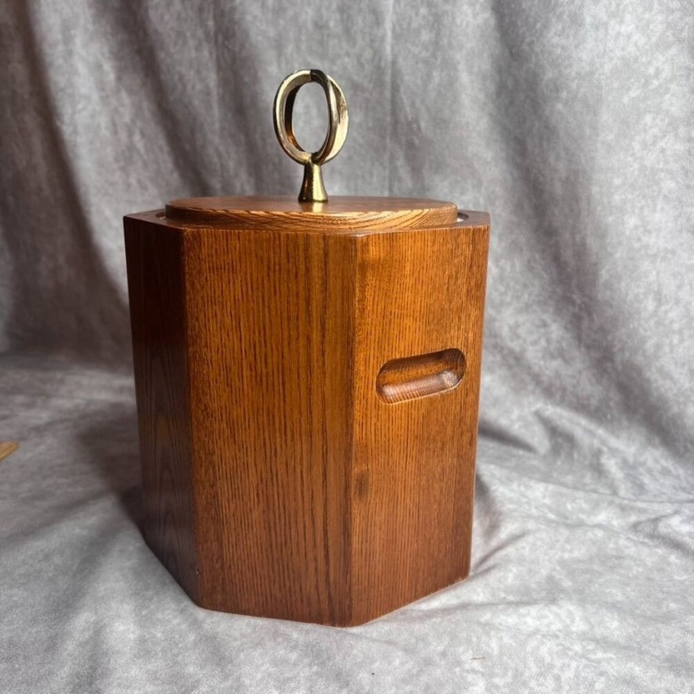 Vintage Morgan Designs Bucket Brigade Oak Ice Bucket With Lid MCM Wood USA *READ